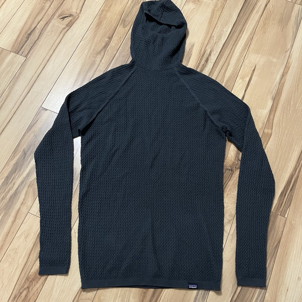Patagonia Men's Merino Wool Blend Hoodie Sz M Waffle Knit Base Layer Grey